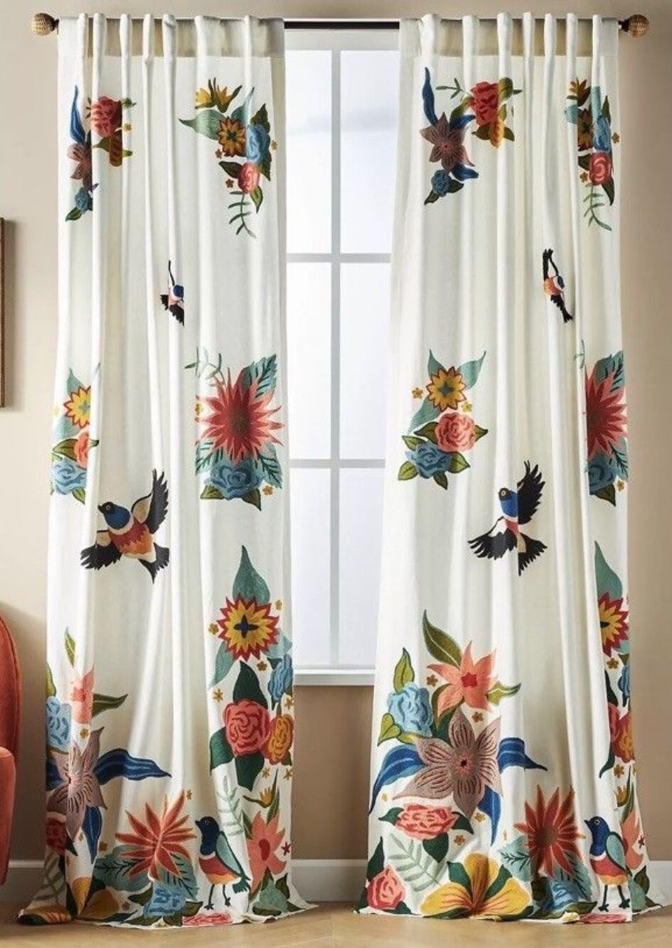 TWO Anthropologie Soaring Starling Cotton Crewel Embroidered Bird Curtain 50x96"